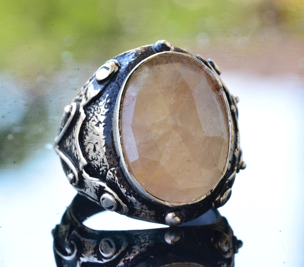 KAMBO Handmade 925 Sterling Silver Men's Yellow Sapphire Gemstone Ring, Vintage Statement Design, Solid Sterling Silver 