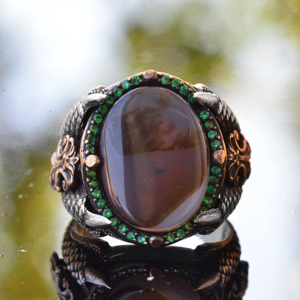 925 Sterling Silver Men's Ring, Handmade Vintage Style Silver Ring with Natural Agate Stone — 5