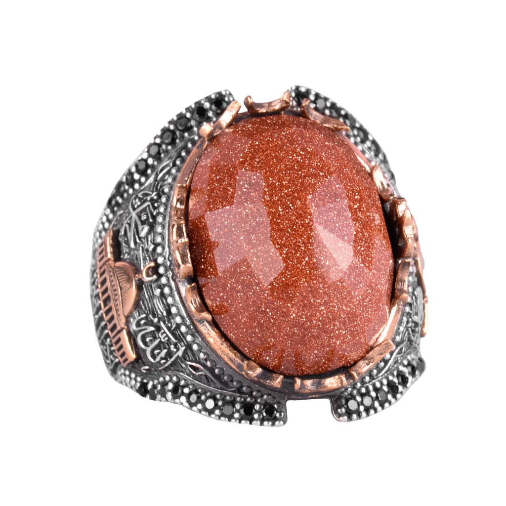 Kambo Islamic Men's Ring - 925 Sterling Silver, Synthetic Brown Sunstone
