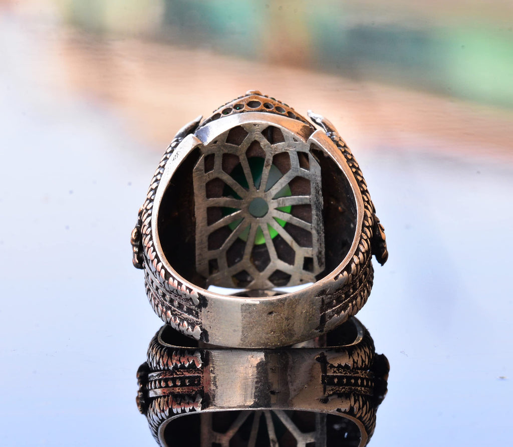 Handmade 925 Sterling Silver Men's Ring, Natural Green Agate Stone, Intricate Claw Design, Different Band Ring — 5