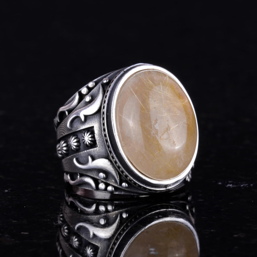 Natural Cabochon Gold Rutilated Quartz Stone Ring — 5