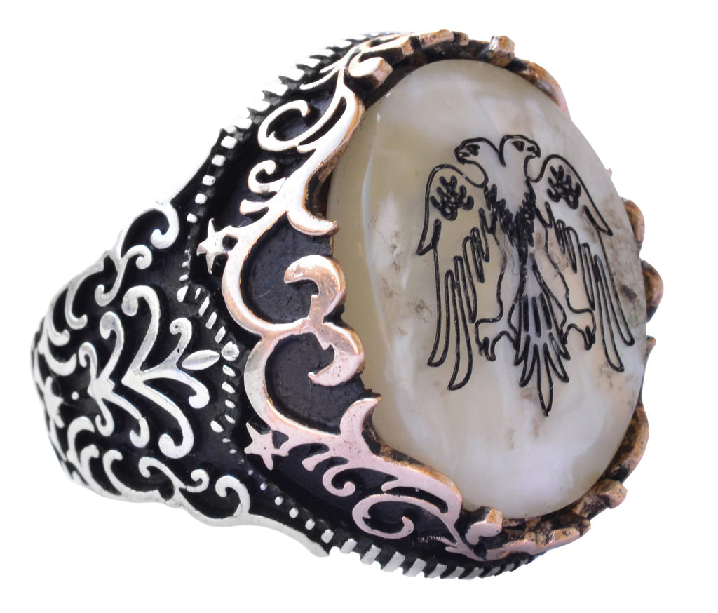 Silver Twin-Headed Eagle Ring - Pearl Detail Design