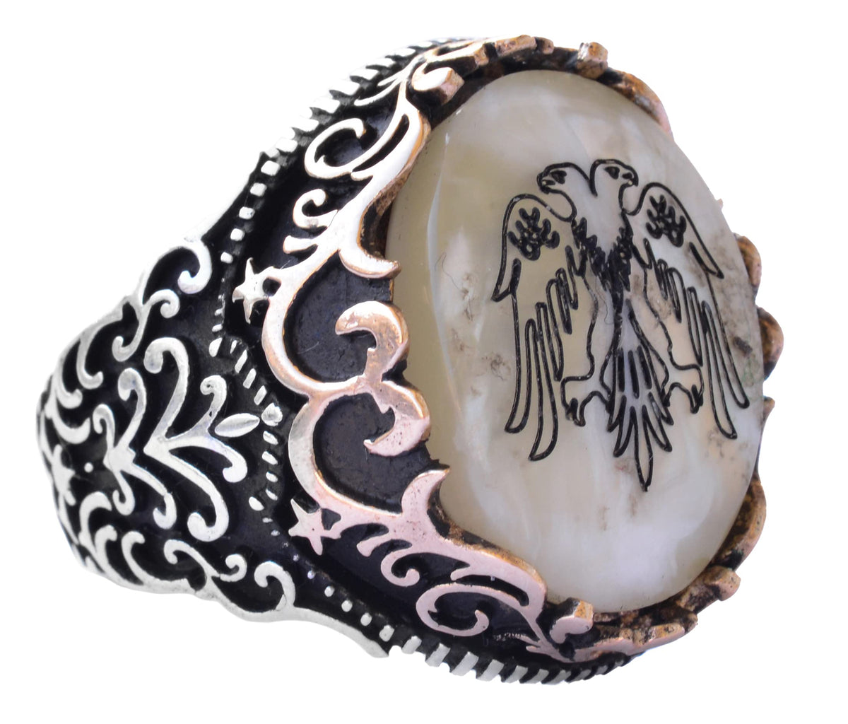 Silver Twin-Headed Eagle Ring - Pearl Detail Design