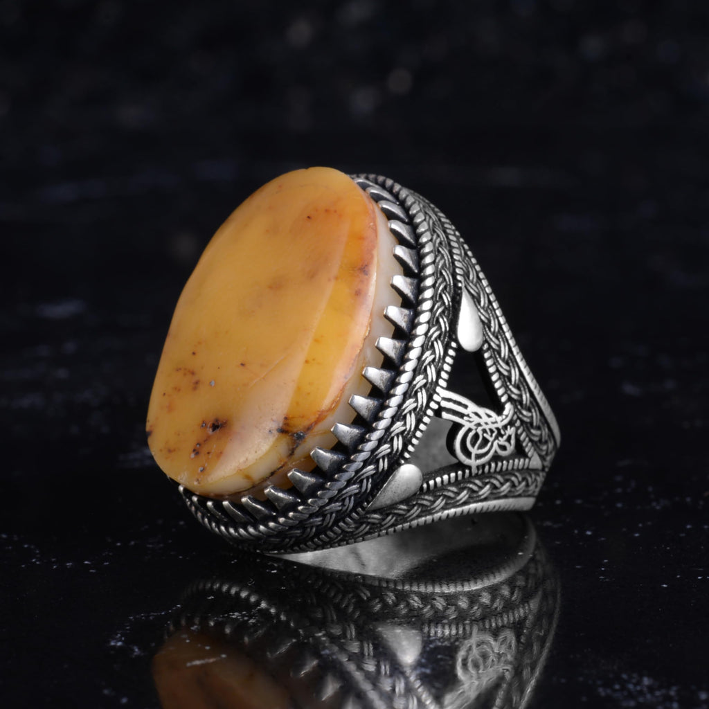 KAMBO Men's Natural Stone Ring – 925 Sterling Silver Large Statement Ring – Handmade Ottoman Pattern Jewelry (Amber) — 5