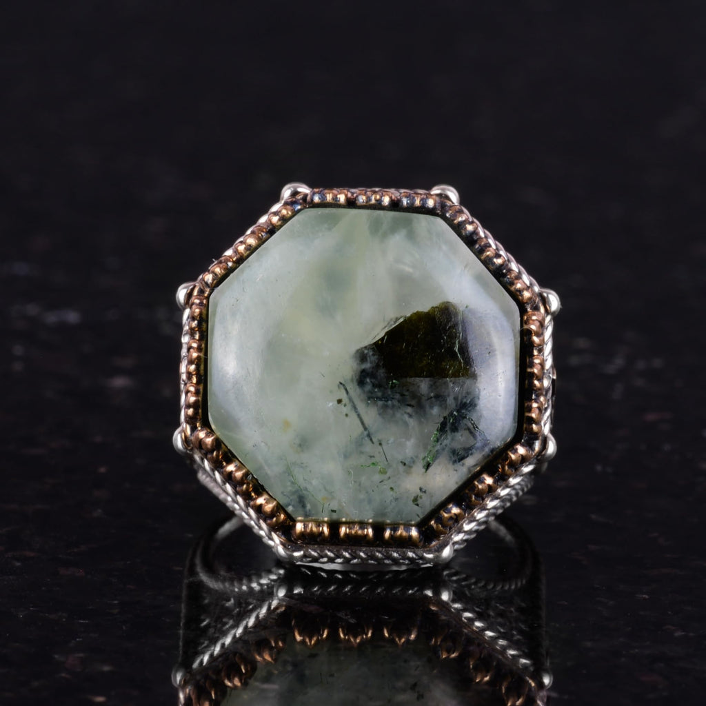 Natural Prehnite Stone Octagonal Ring - Handcrafted 925 Sterling Silver Jewelry — 4