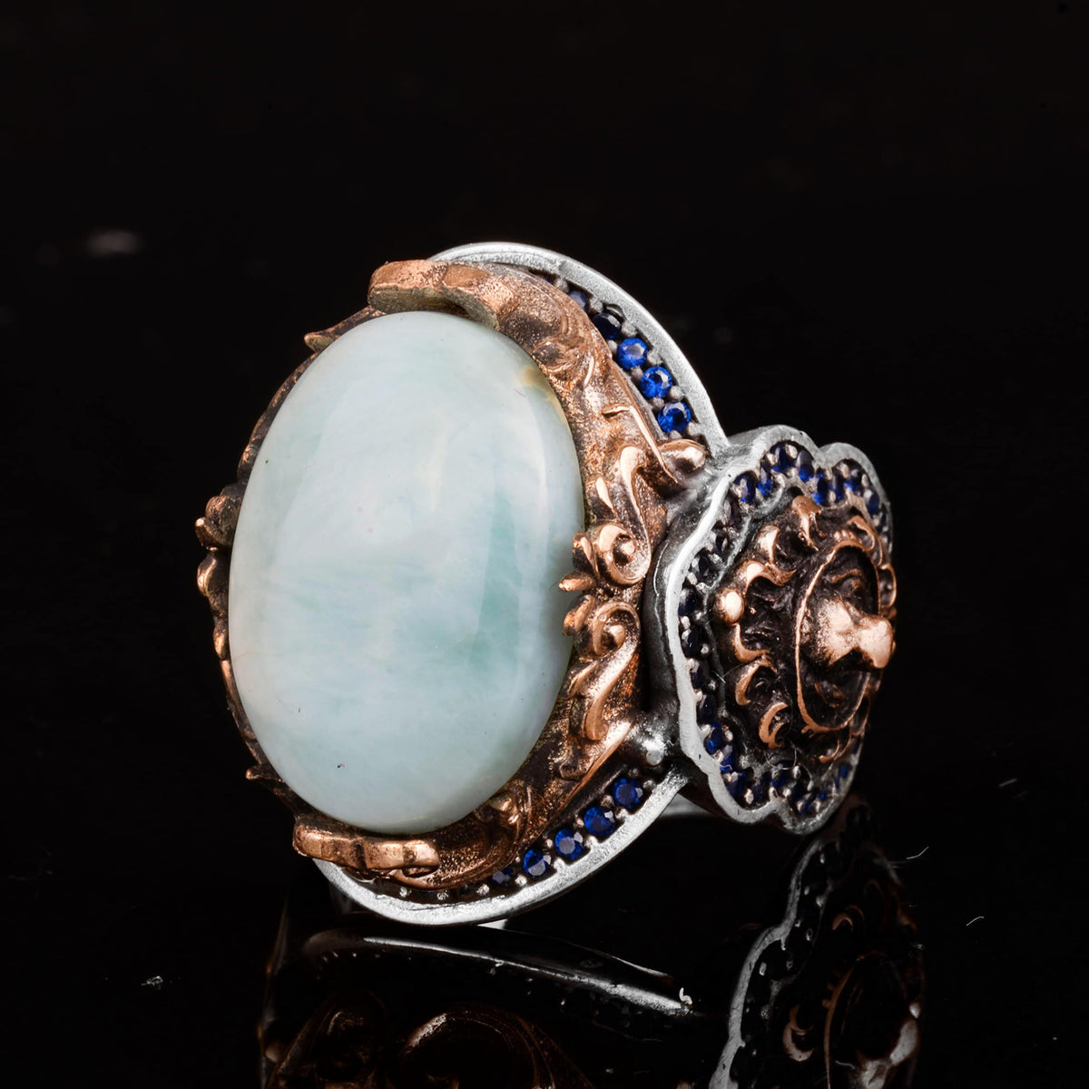 Natural Larimar Stone Ring, Lion Ring, 925 Sterling Silver Ring — 3