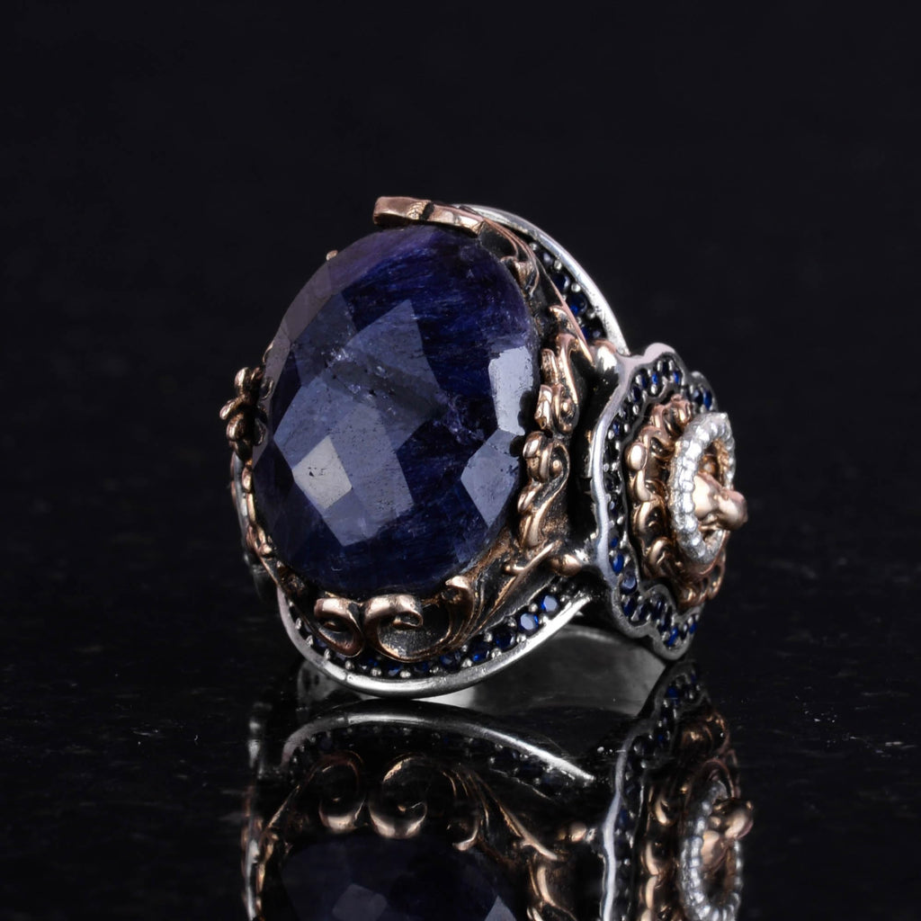 925 Sterling Silver Men's Ring - Sapphire Stone - Handmade Ring with Lion Symbol — 6
