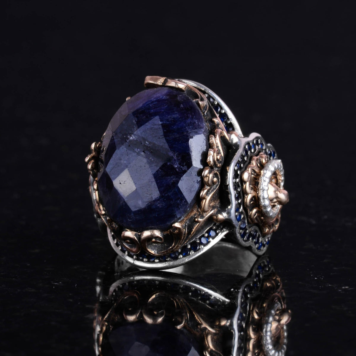925 Sterling Silver Men's Ring - Sapphire Stone - Handmade Ring with Lion Symbol — 6