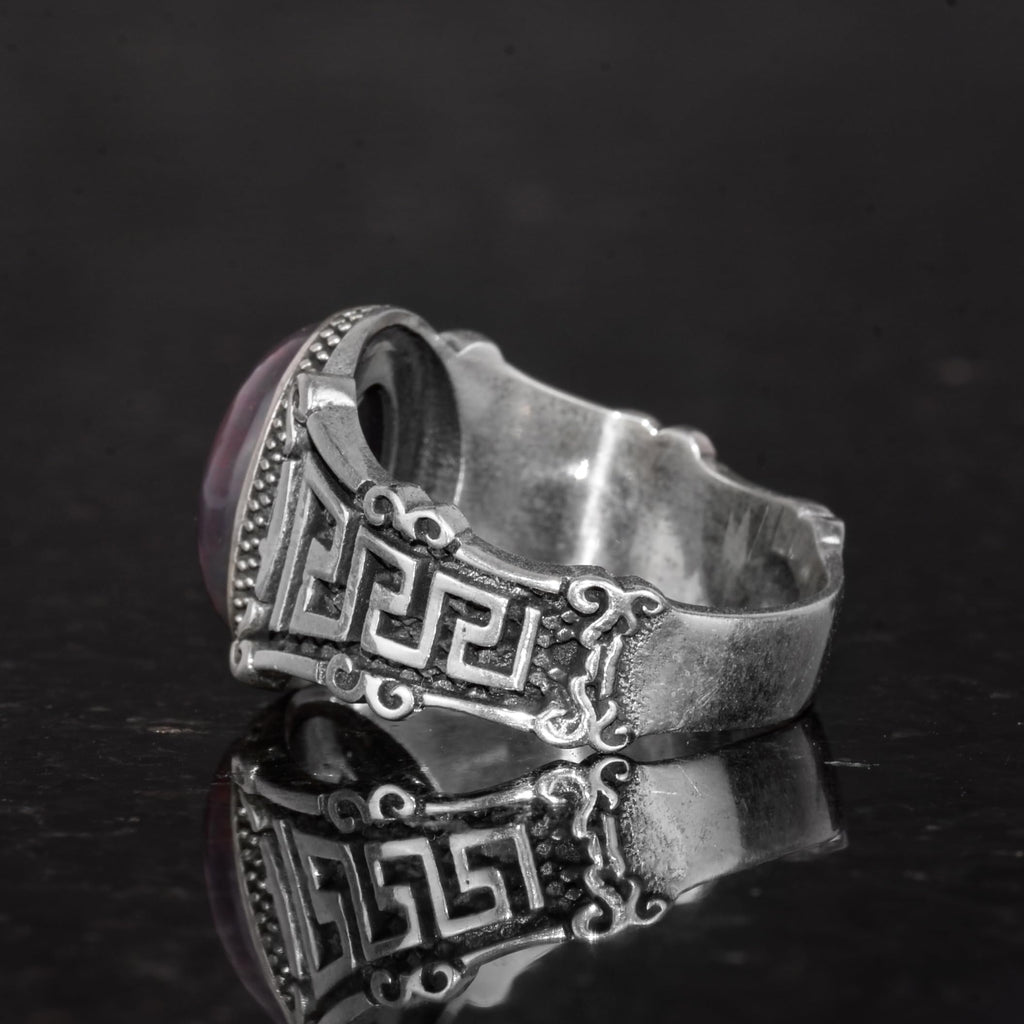 Handmade 925 Sterling Silver Men's Ring with Natural Ethiopian Opal Stone - Labyrinth Design — 7