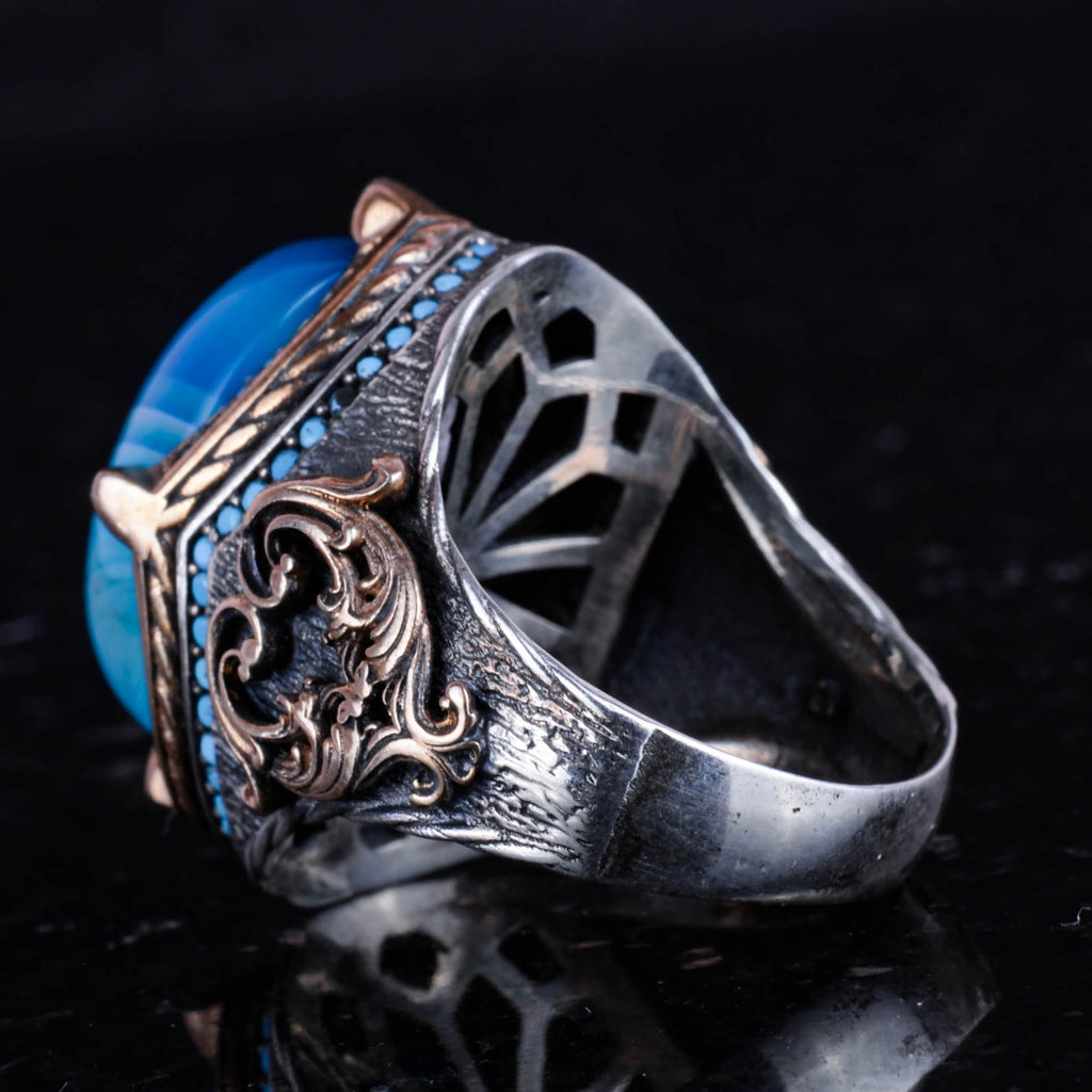925 Sterling Silver Men's Ring with Natural Blue Agate Stone, Handmade Statement Ring, Vintage Design — 7