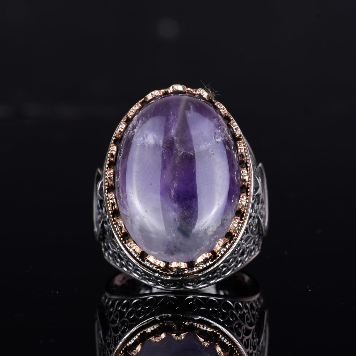 KAMBO 925 Sterling Silver Men's Natural Stone Ring - Moon and Star Design - Handmade Vintage Jewelry (Amethyst) — 5