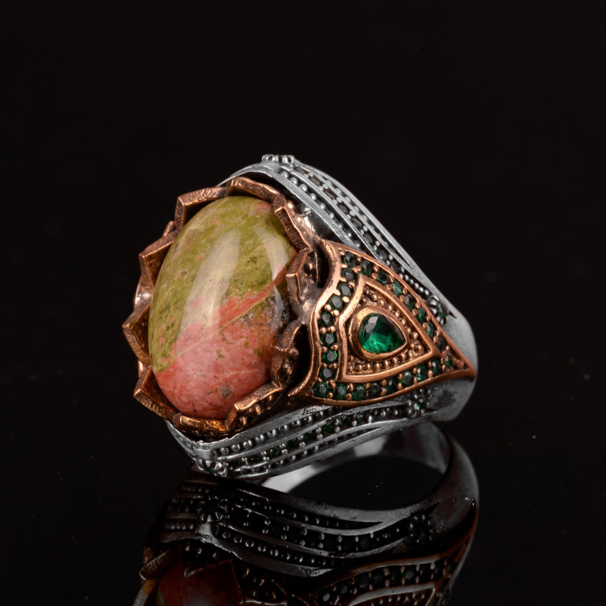Unakite Natural Stone Ring, Silver Men's Ring — 5