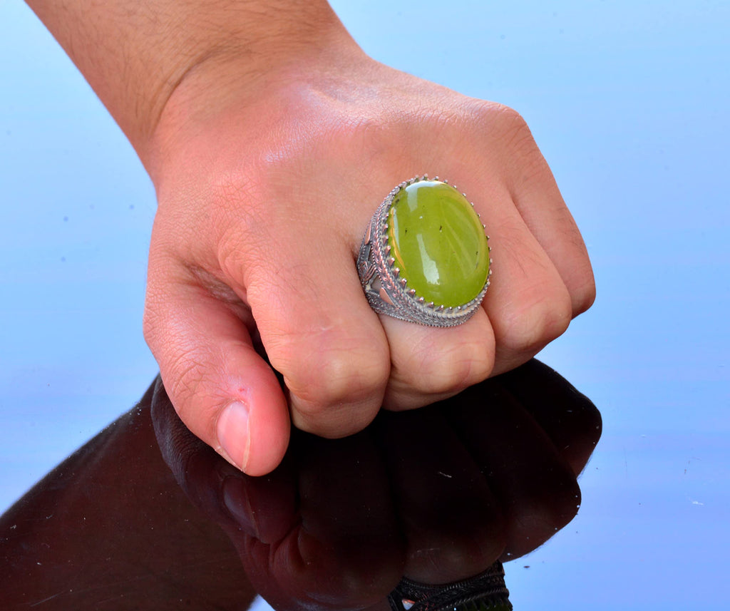 Handmade Jade Stone Ring, 925 Sterling Silver Men's Ring - Peace and Balance Design — 7