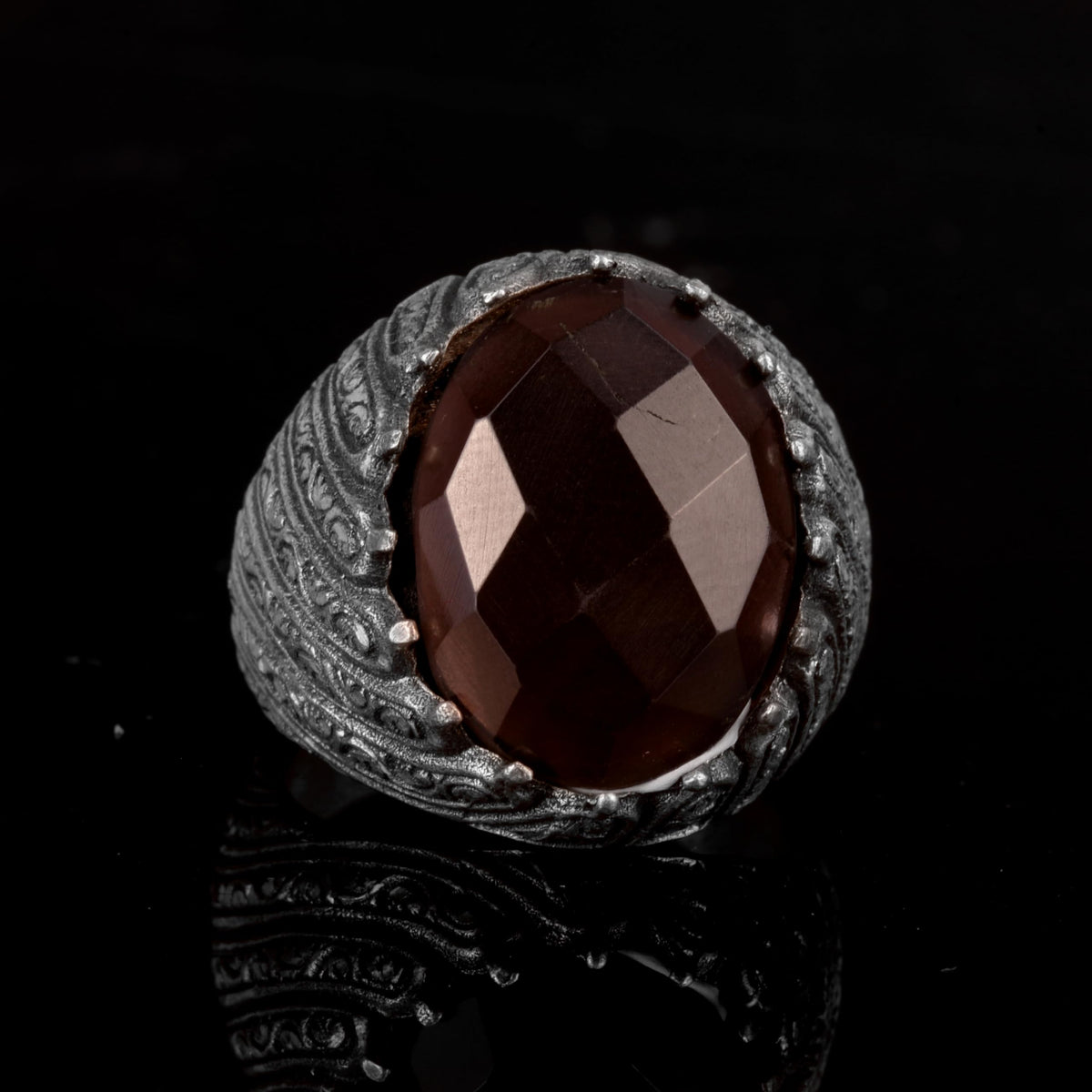 KAMBO Handmade 925 Sterling Silver Smoky Quartz Ring for Men, Genuine Natural Gemstone Statement Ring, Vintage Style Bir