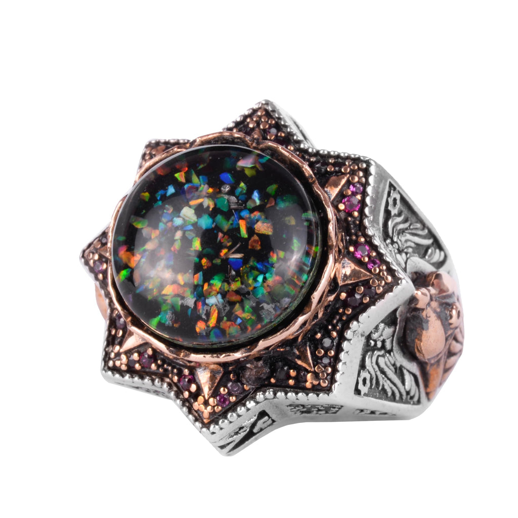 KAMBO Certified Design Opal Men's Ring – Star Shaped Design – Gold Plated Details 925 Sterling Silver Ring – Expressive Masonic Style