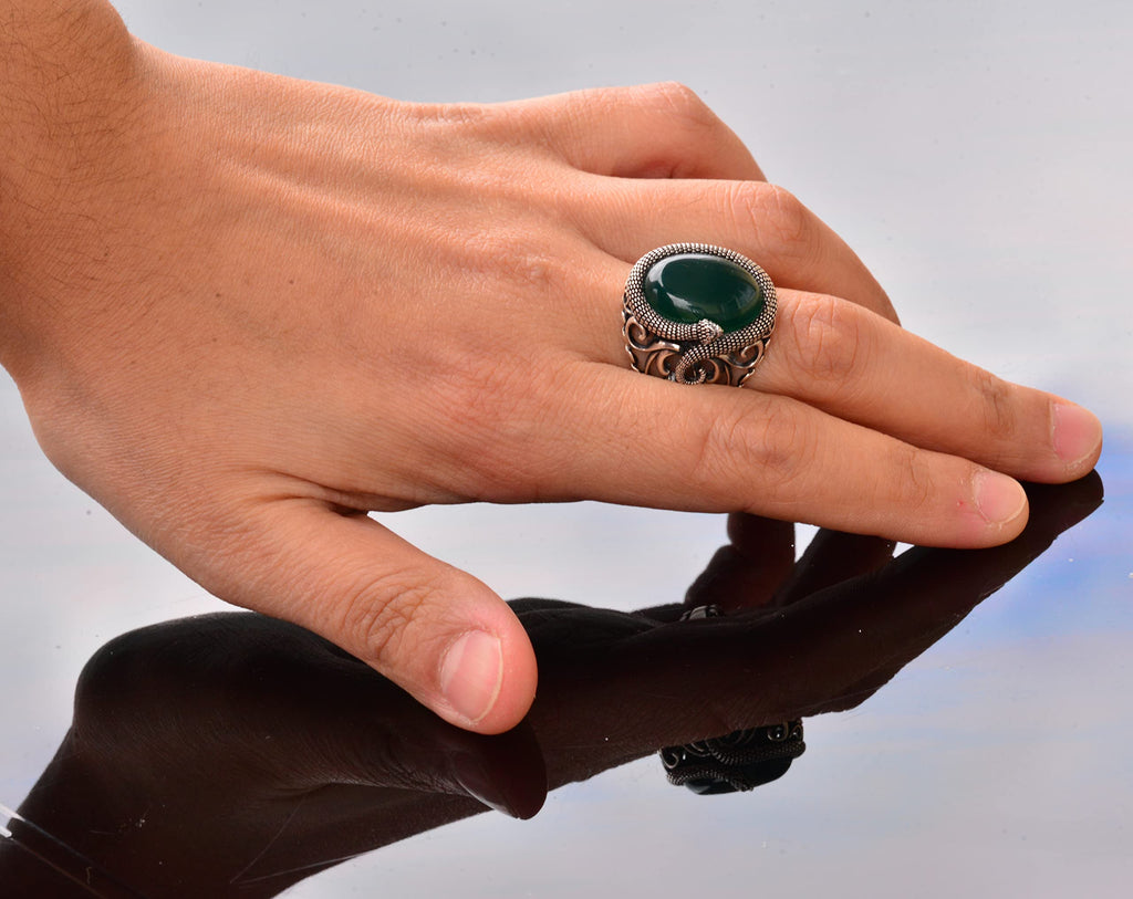 Handcrafted Snake Design Ring, Natural Jade Stone Silver Men's Ring - Symbol of Wisdom and Protection — 7