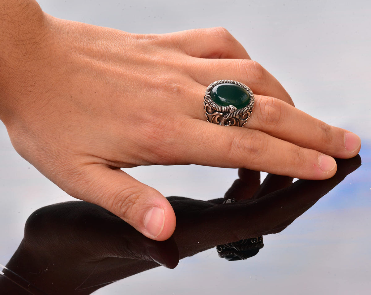 Handcrafted Snake Design Ring, Natural Jade Stone Silver Men's Ring - Symbol of Wisdom and Protection — 7