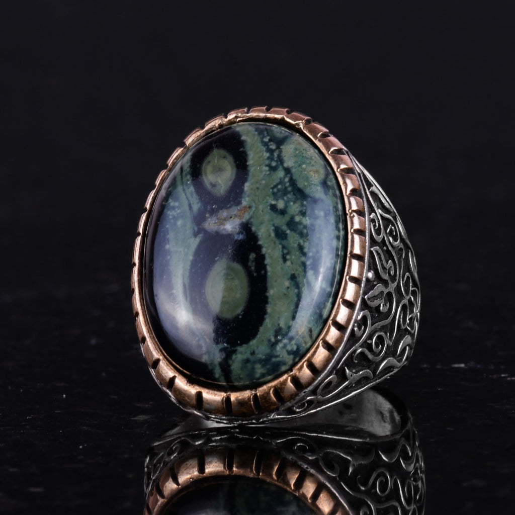 Natural Green Eye Stone Ring, 925 Sterling Silver Men's Ring — 6