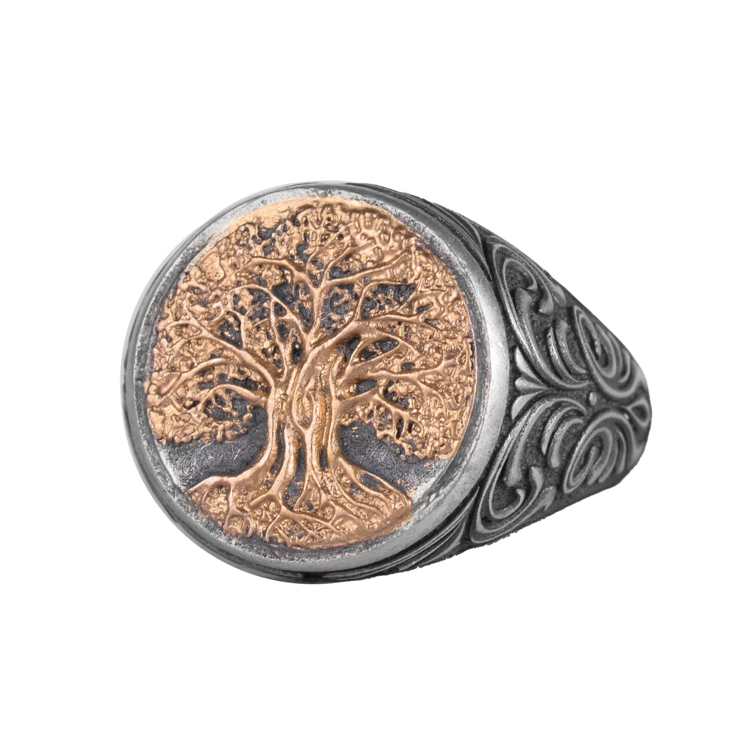 KAMBO 925 Sterling Silver Men's Tree of Life Ring – Symbol of Wisdom and Strength – Handmade Vintage Spiritual Jewelry (Gold Plated)