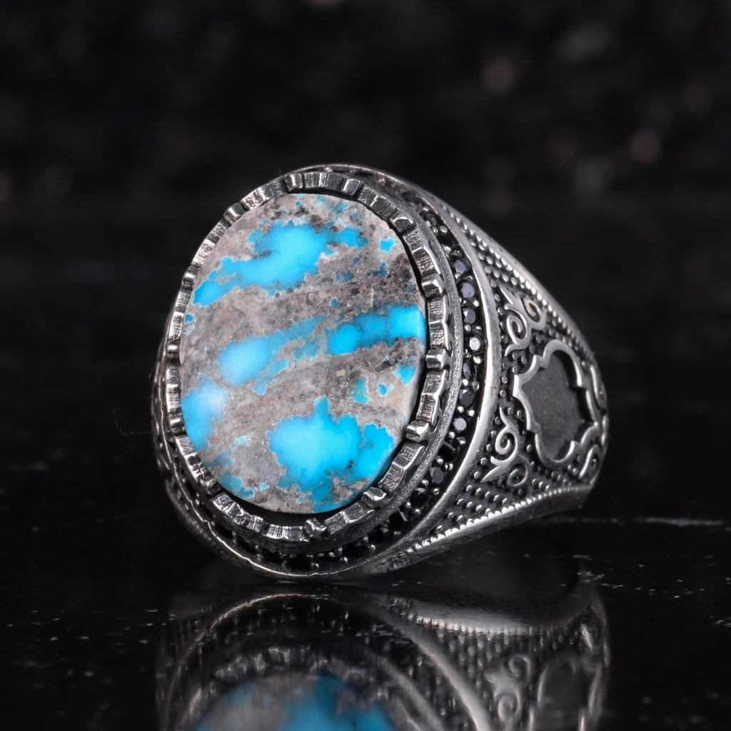 KAMBO Turquoise Stone Men's Ring 925 Sterling Silver Natural Turquoise Statement Ring Vintage Ottoman Style Handmade Men's Ring (Turquoise-2) — 5