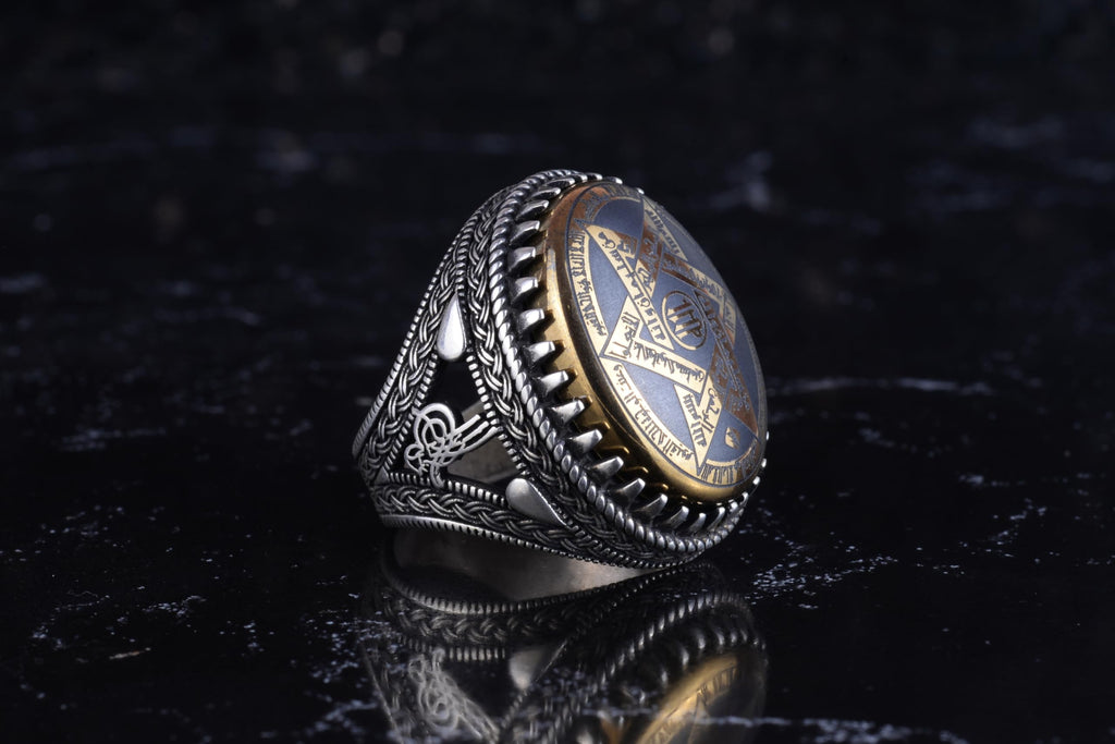 KAMBO Men's Natural Hematite Stone Ring – 925 Sterling Silver Large Statement Ring – Arabic Seal Engraved Islamic Design — 5