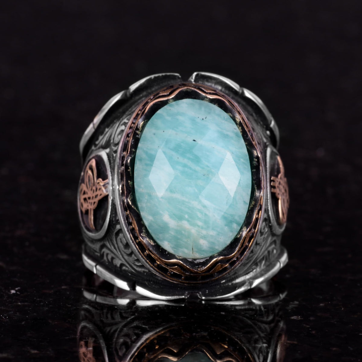 Ottoman Tugra Silver Ring, Natural Stone Ring, 925 Sterling Silver Ring (Amazonite) — 3