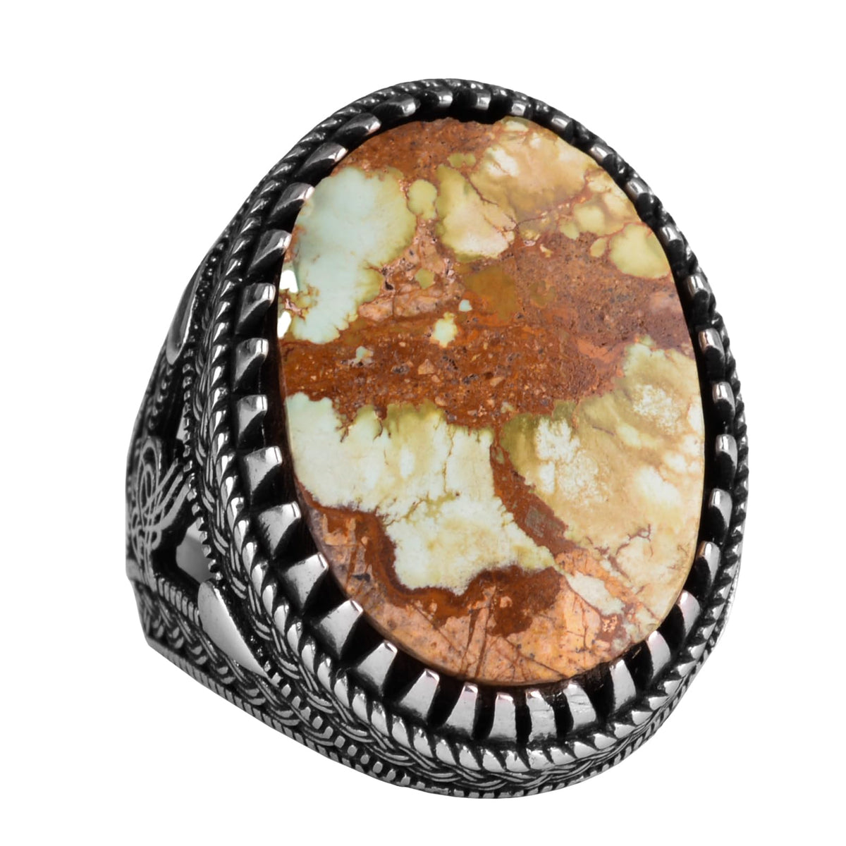 KAMBO Ottoman Tugra Design Natural Turquoise Stone Ring - 925 Sterling Silver Handmade Men's Ring (Style-4)