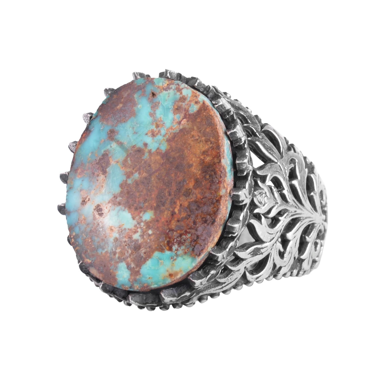 KAMBO Natural Turquoise Stone Men's Ring 925 Sterling Silver Oval Handmade Vintage Style Statement Ring (Turquoise-2)