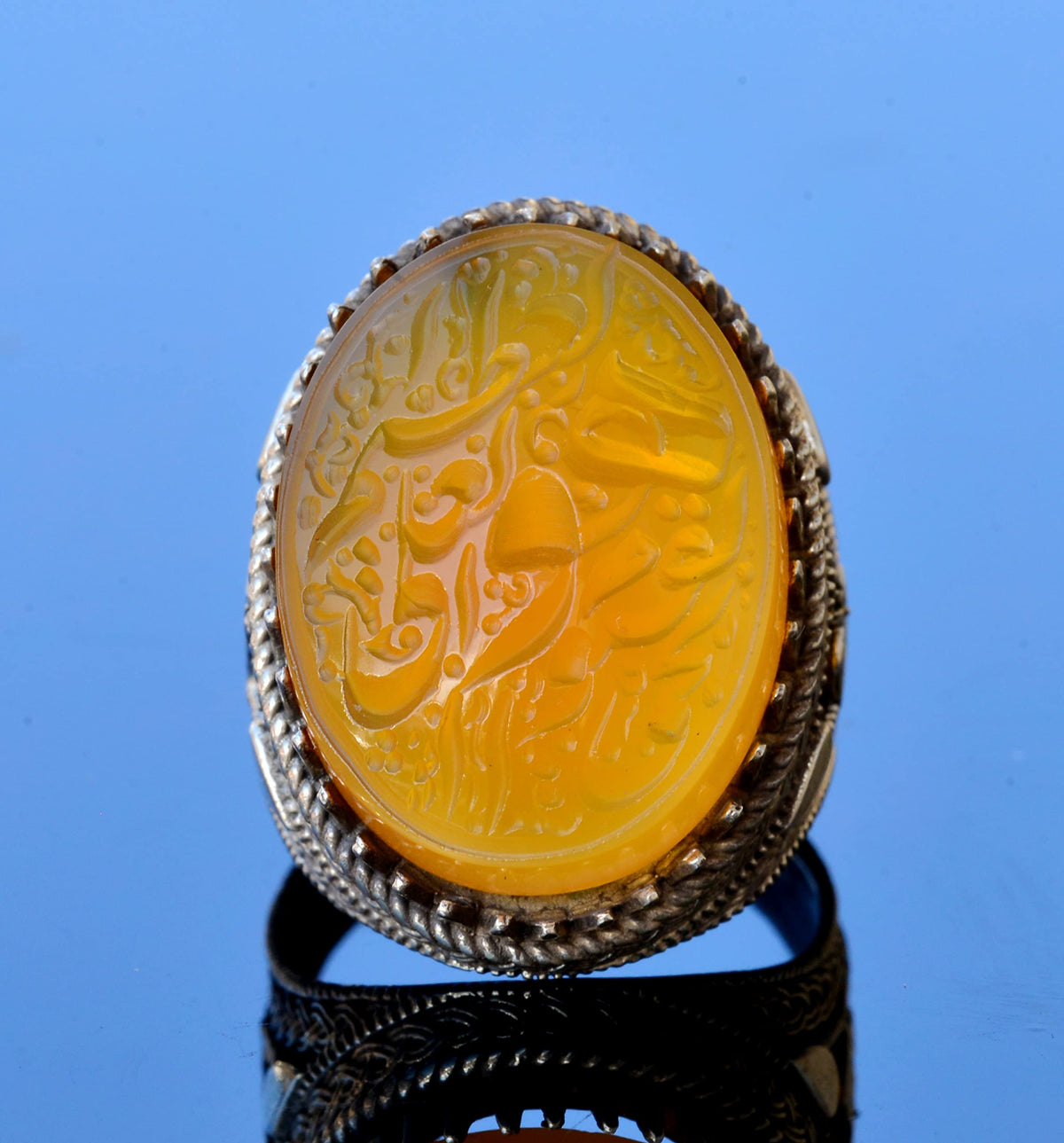 KAMBO Natural Yellow Agate Stone 925 Sterling Silver Ring, Above All and Determination Islamic Design, Large Muslim Ring — 5