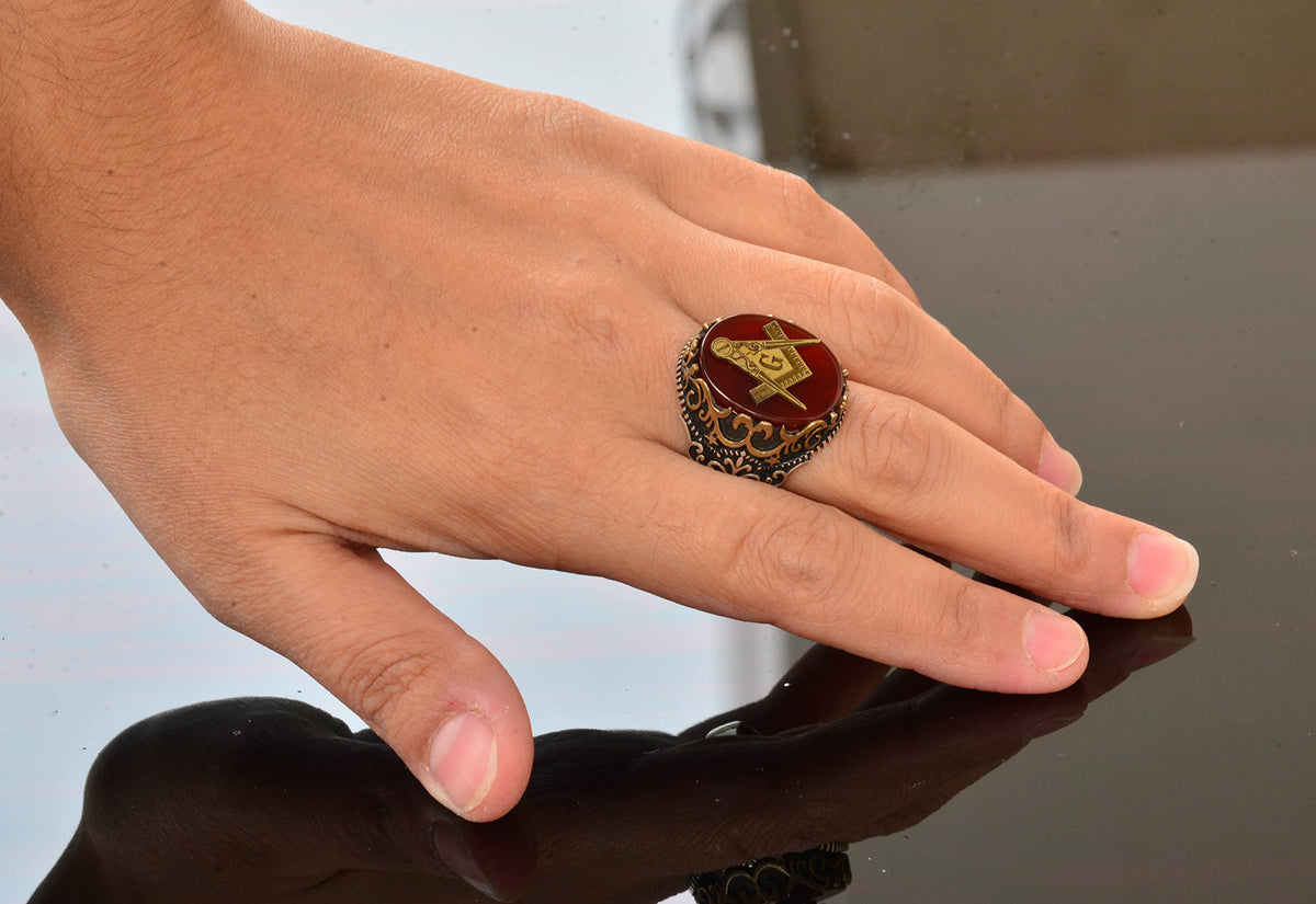 Natural Red Agate Stone Men's Ring - 925 Sterling Silver Seal Ring (Mason) — 6