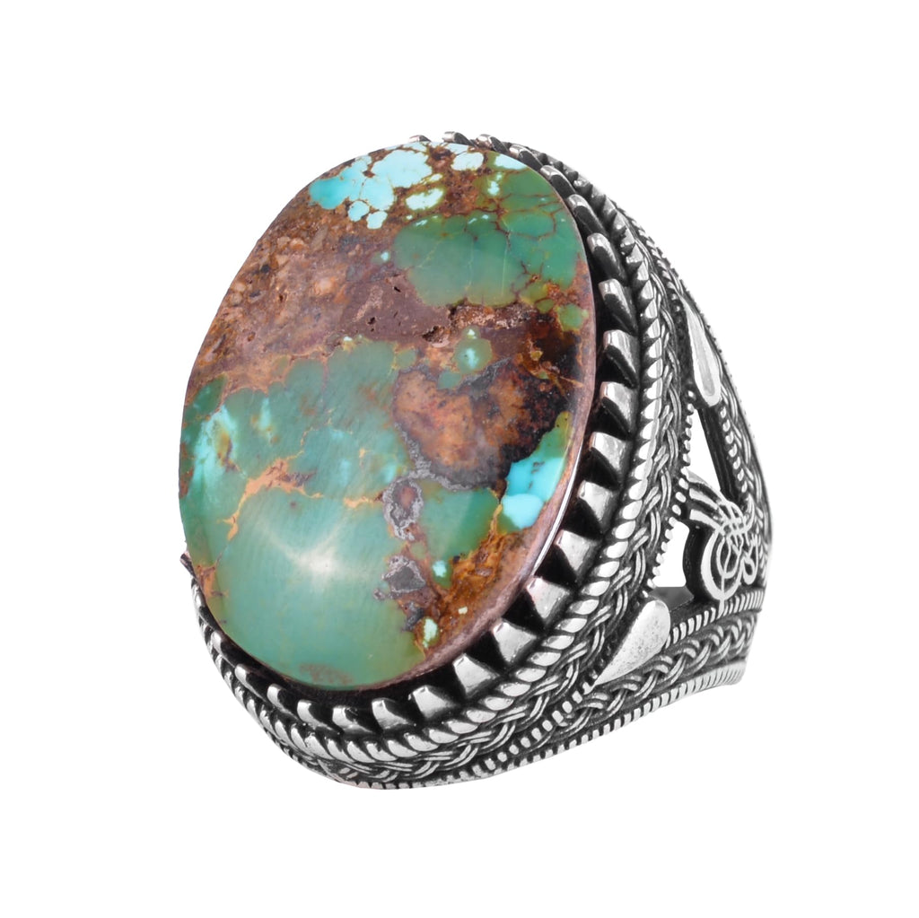 KAMBO Natural Turquoise Stone Ring 925 Sterling Silver Men's Ring Large Oval Stone Ottoman Tugra Style Handmade Vintage Design (Turquoise-1)