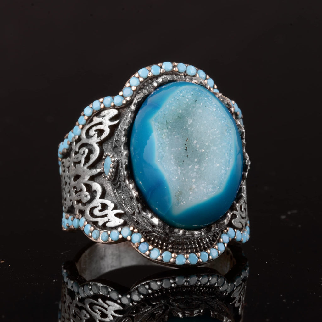 Handcrafted 925 Sterling Silver Men's Ring - Natural Stone (Drusy Quartz) — 4