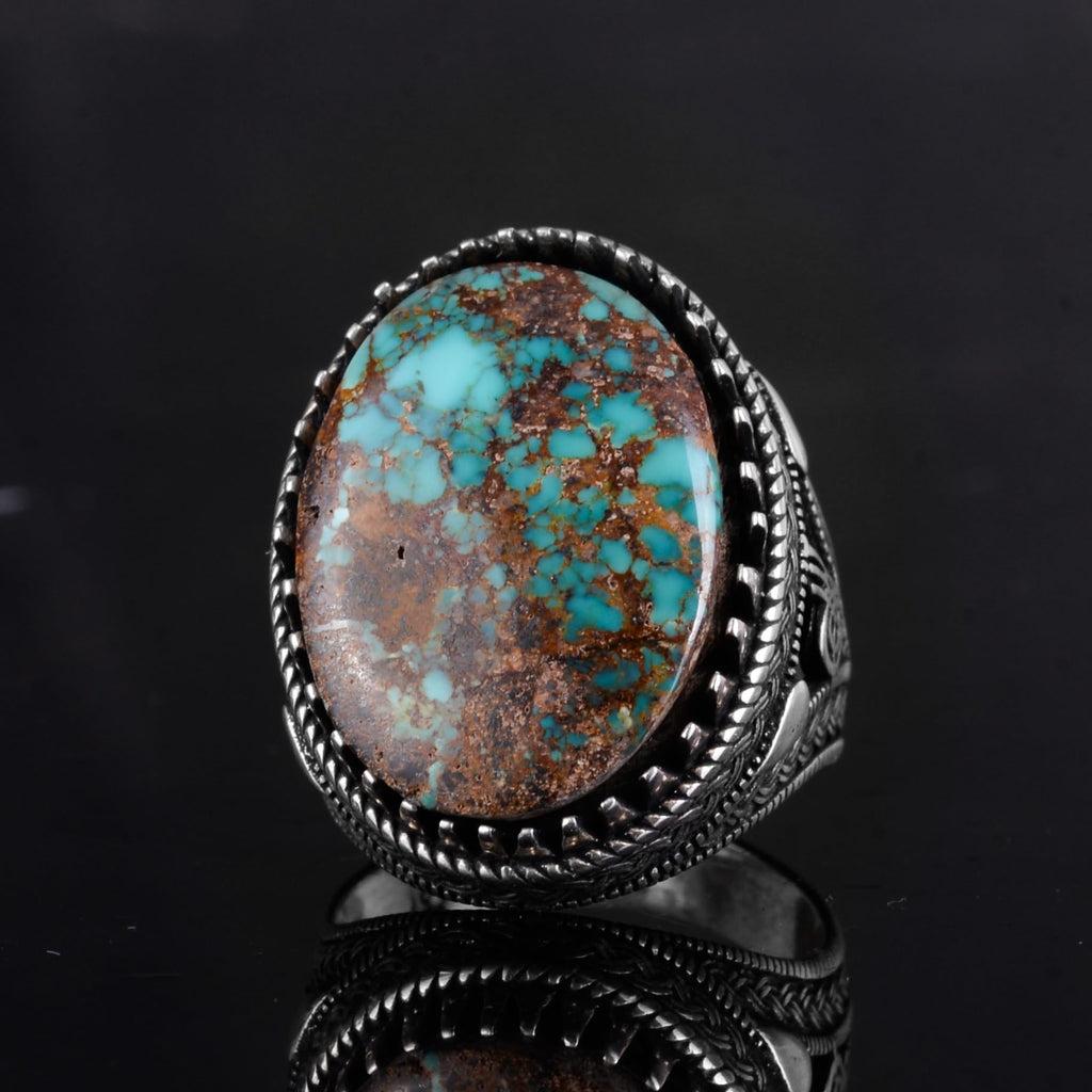 KAMBO Ottoman Tugra Design Natural Turquoise Stone Ring - 925 Sterling Silver Handmade Men's Ring (Style-2) — 6