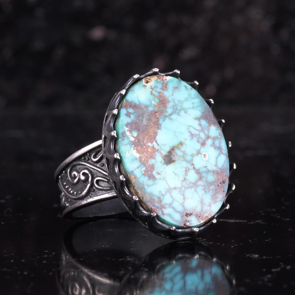 KAMBO Natural Arizona Turquoise Stone Large Ring Men's 925 Sterling Silver Crown Frame Oval Cabochon Ottoman Pattern Handmade Statement Ring (Turquoise) — 6