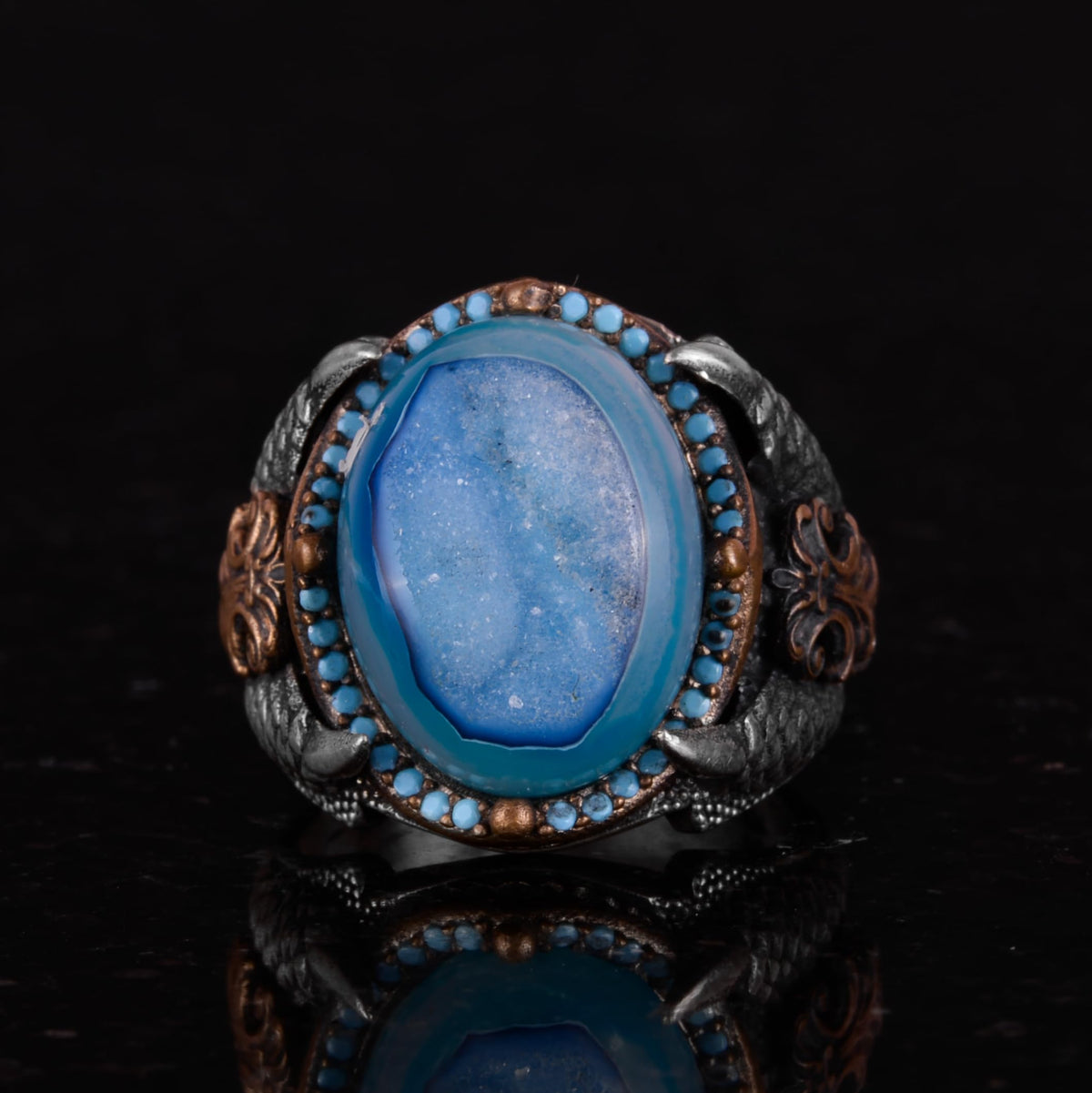 925 Sterling Silver Ring with Unique Natural Druzy Quartz: Blue, Dark Blue — 4