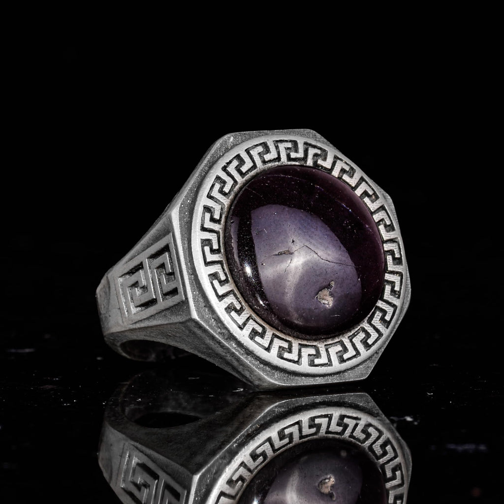 925 Sterling Silver Ring - Natural Star Garnet Stone - Greek Pattern — 6