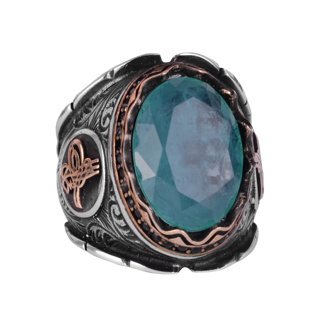 KAMBO Ottoman Tugra Blue Sunstone Created Stone Ring, 925 Sterling Silver Ring