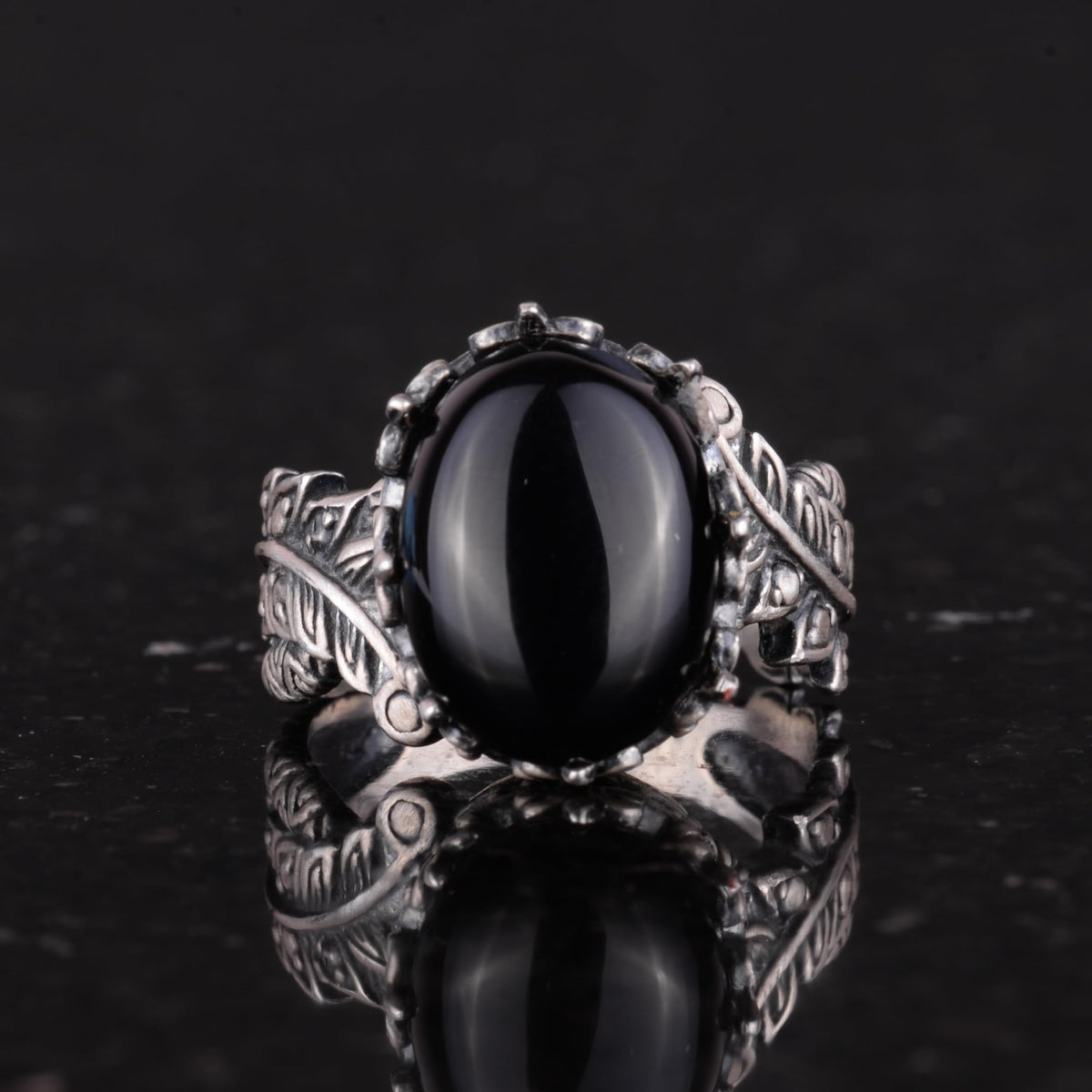 Vintage Bohemian Design Silver Women's Ring with Natural Onyx Stone — 4