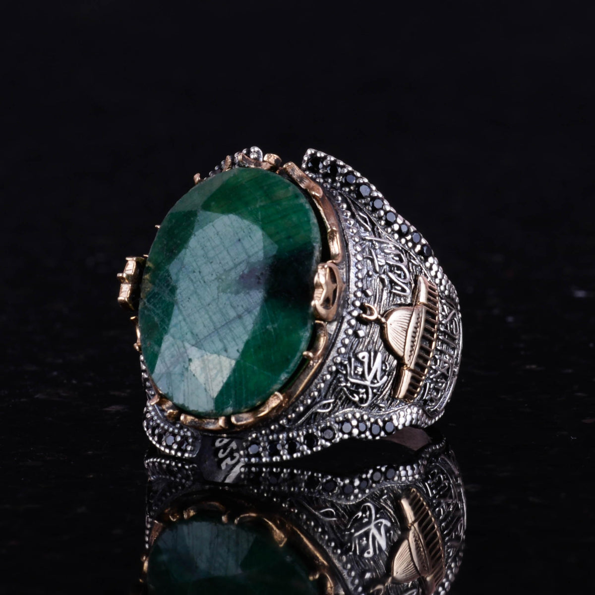 Islamic Silver Ring, Natural Emerald Stone Ring, 925 Sterling Silver Men's Ring — 4