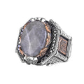 Natural Labradorite Men's Ring 925 Sterling Silver Geometric Frame Black Stone Details Bronze Accents Handmade Statement Ring