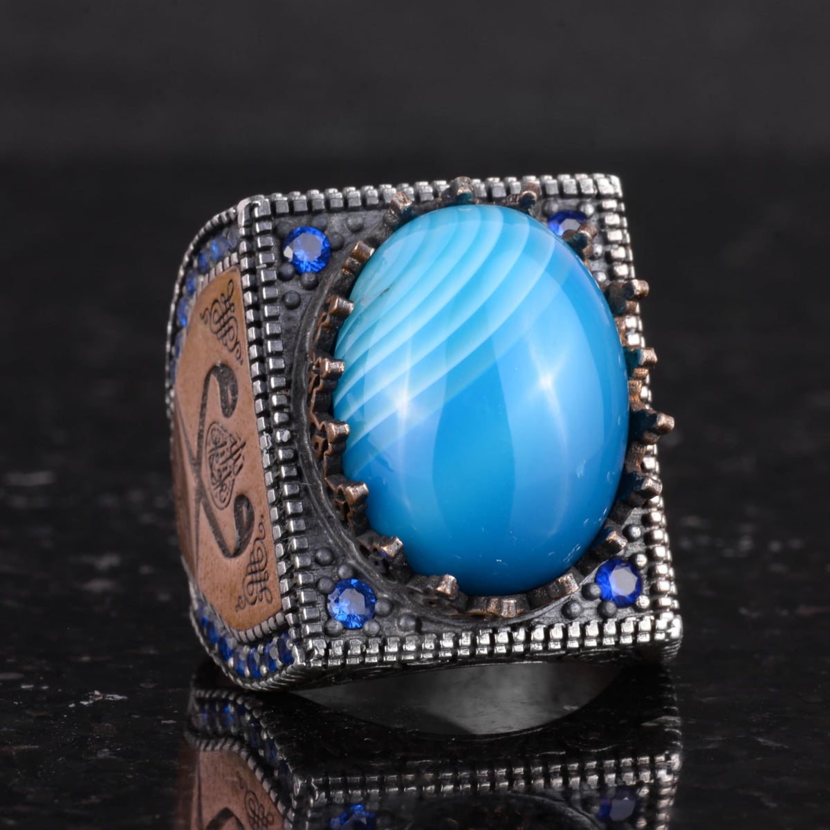Natural Blue Agate Stone Ring - 925 Sterling Silver Islamic Ring — 5