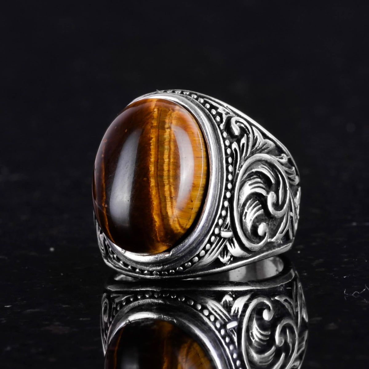 925 Sterling Silver Men's Ring, Handcrafted Tiger's Eye Stone Ring - Bold Design — 5