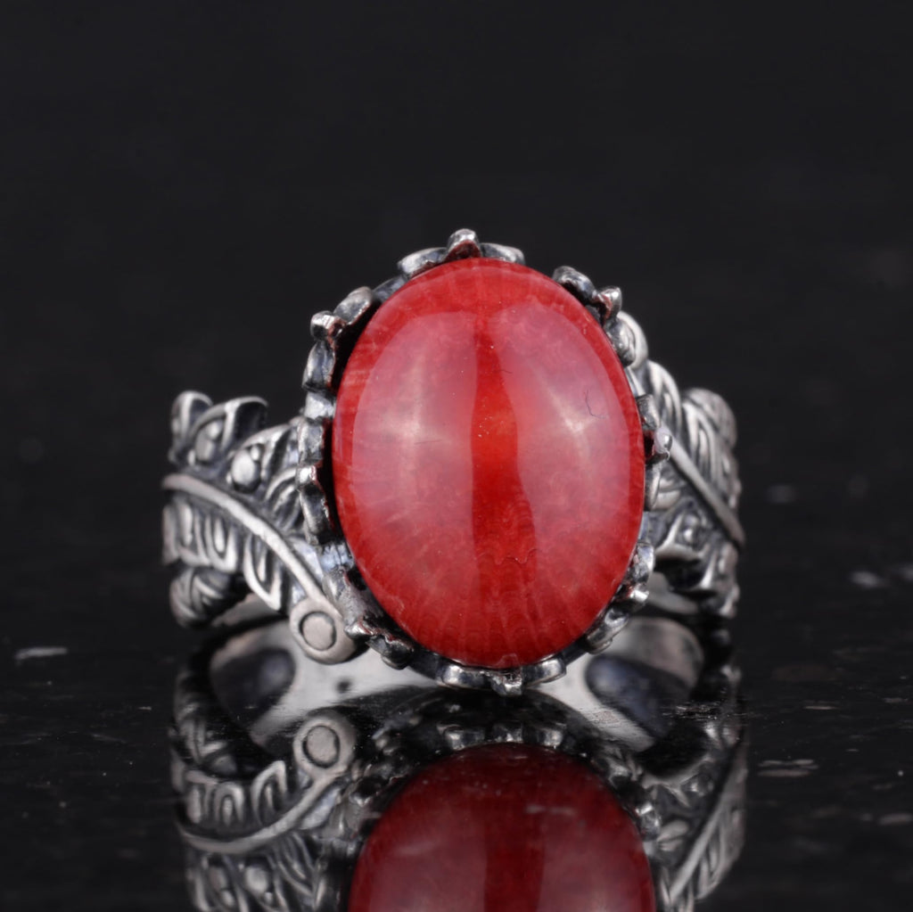 Silver Women's Ring with Natural Red Coral Stone — 4