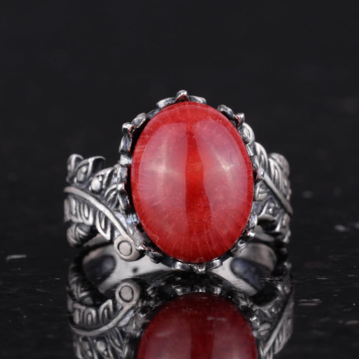 Silver Women's Ring with Natural Red Coral Stone — 4