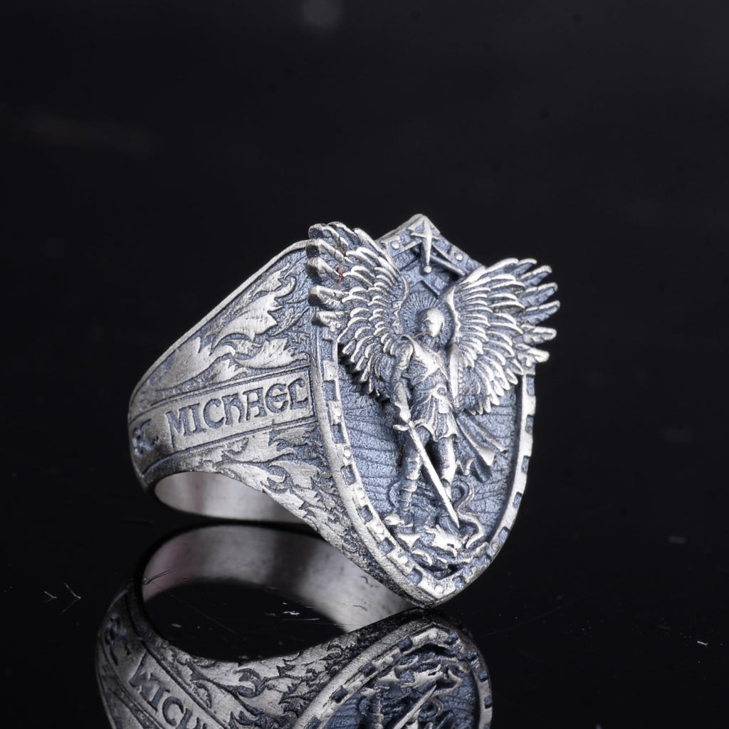 KAMBO 925 Sterling Silver Men's Ring Archangel Michael Design – Handmade Shield Protection Ring (Silver) — 6