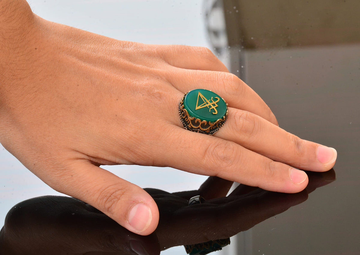 Kambo Handcrafted Silver Men's Ring - Green Synthetic Stone Lucifer Symbol, Bold and Unique Design — 6