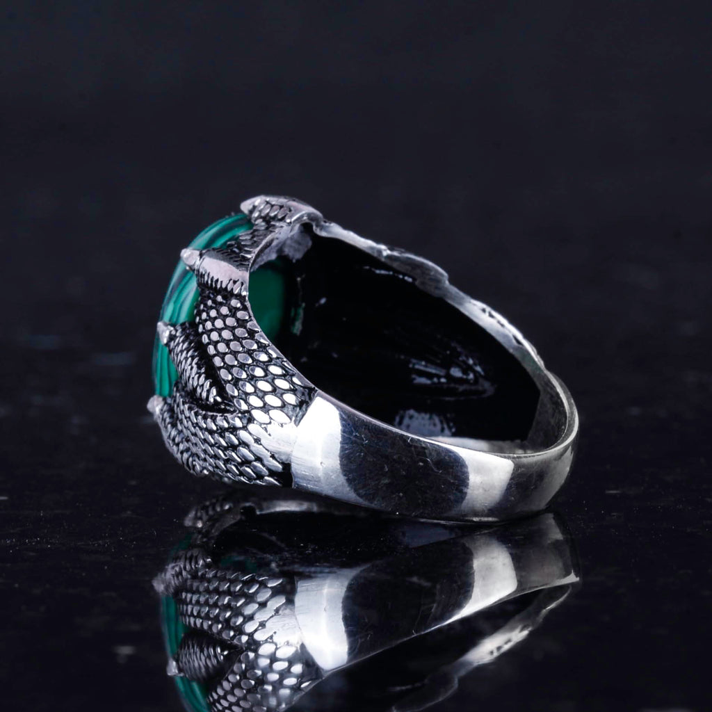 925 Sterling Silver Men's Ring, Natural Stone, Handmade Vintage Design Claw Ring (Malachite) — 7