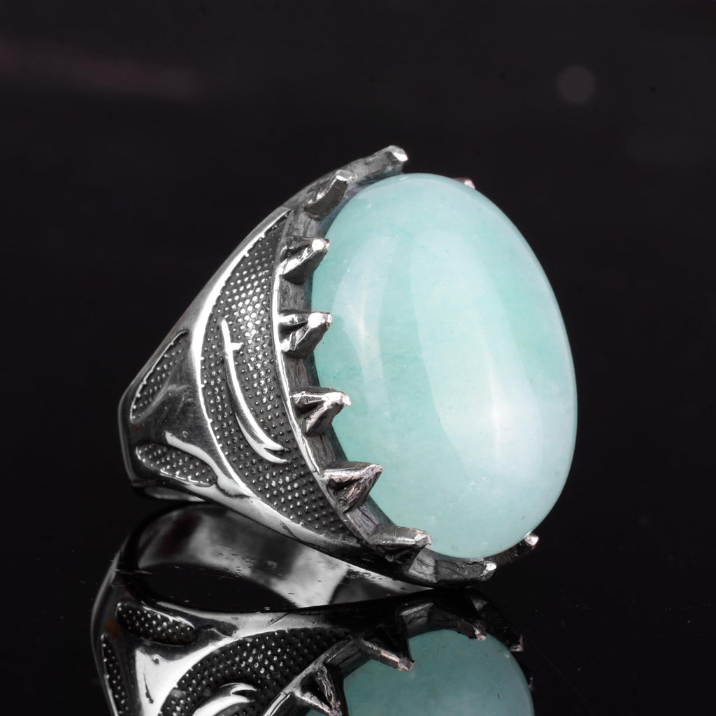 KAMBO Natural Stone Men's Large Ring – 925 Sterling Silver Ottoman Sword Motif Signet Ring (Chalcedony) — 6