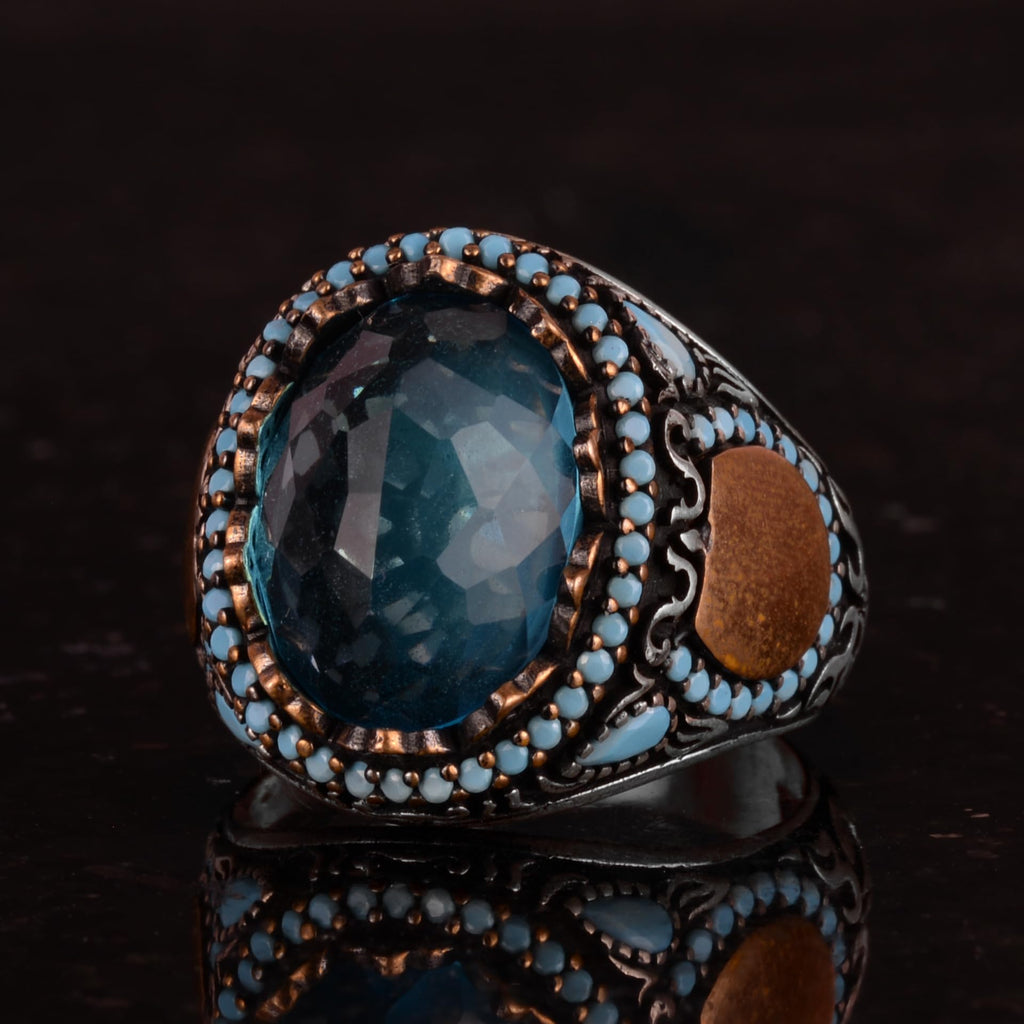 Aquamarine Glass Stone Ring - Handmade Men's Ring - Stylish 925 Sterling Silver Men's Ring — 6