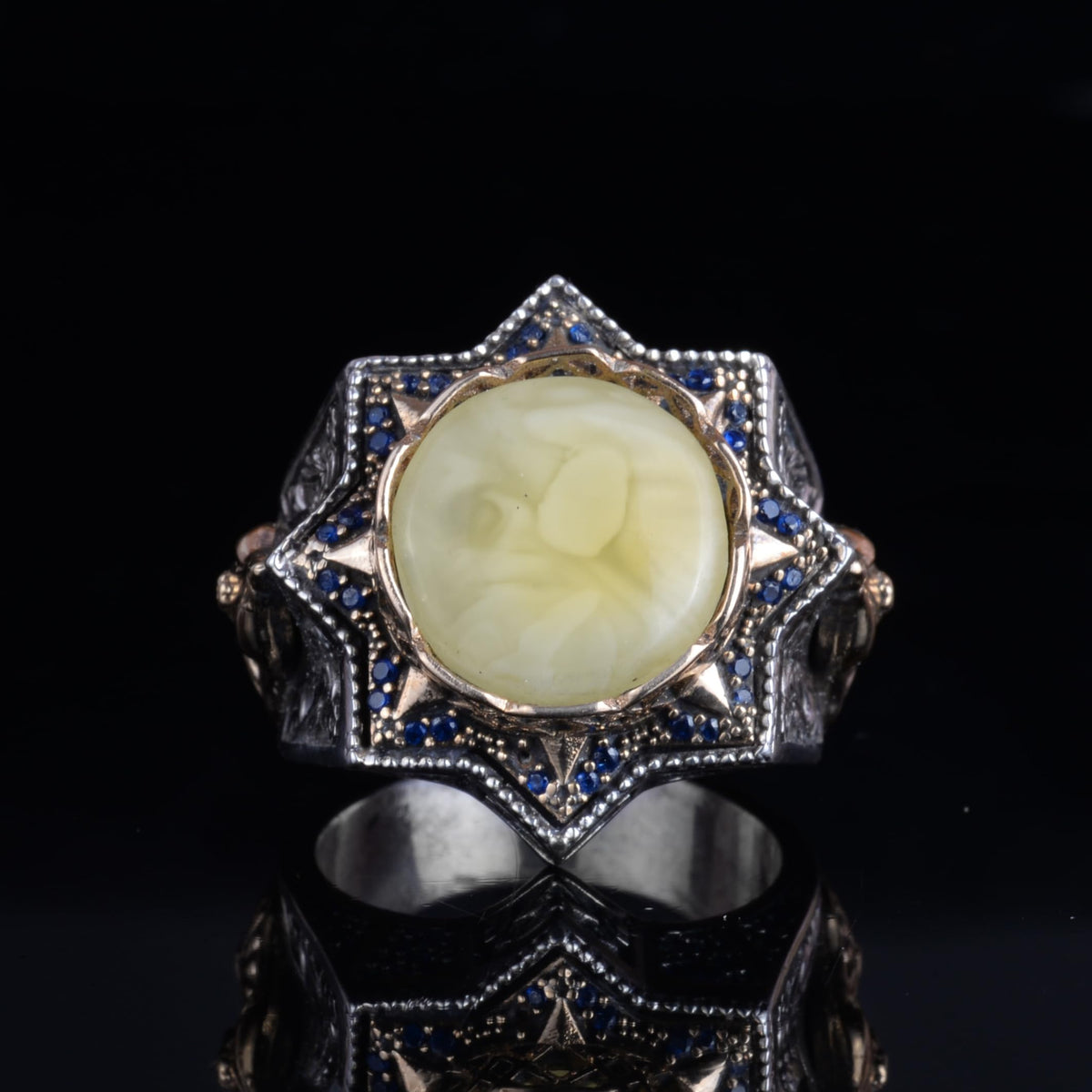 KAMBO 925 Sterling Silver Natural Amber Stone Large Ring – Handmade Men's Jewelry with Star Frame Design (Style-1) — 4